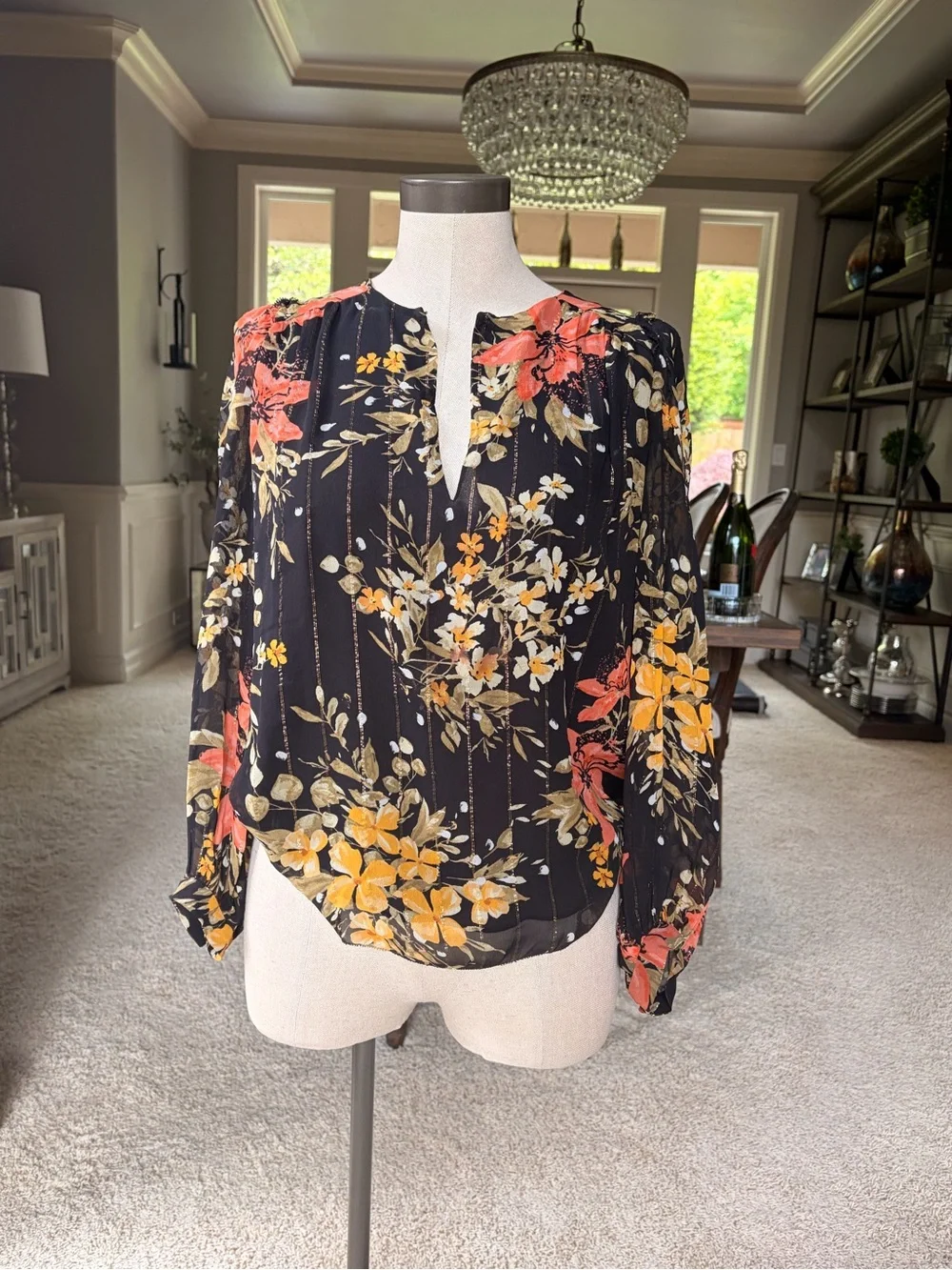Joie Black Floral Long-Sleeve Split-Neck Blouse - Picture 1 of 7